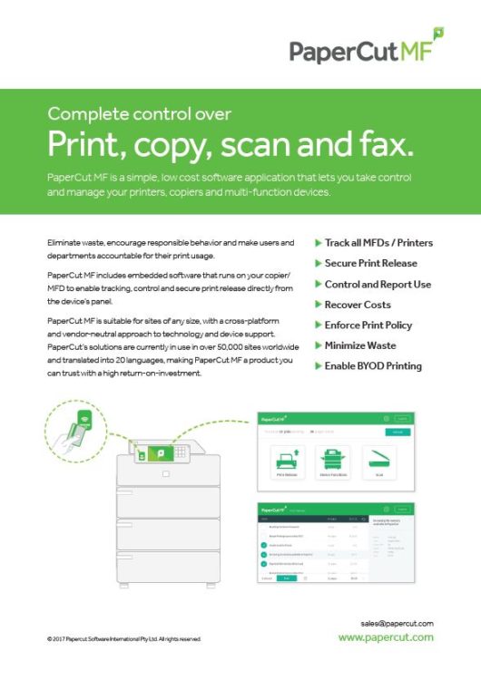 Fact Sheet Cover, Papercut MF, Uni-Copy Technologies, Konica Minolta, Lexmark, Toshiba, Copystar, KIP, LA, MS