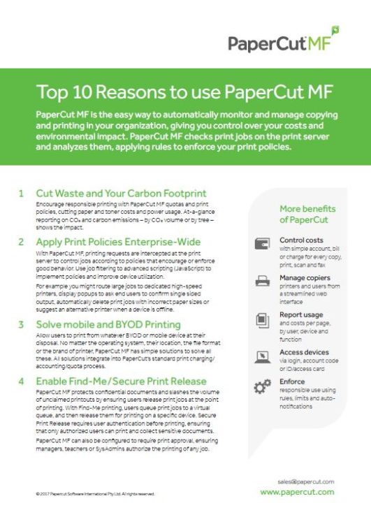 Top 10 Reasons, Papercut MF, Uni-Copy Technologies, Konica Minolta, Lexmark, Toshiba, Copystar, KIP, LA, MS